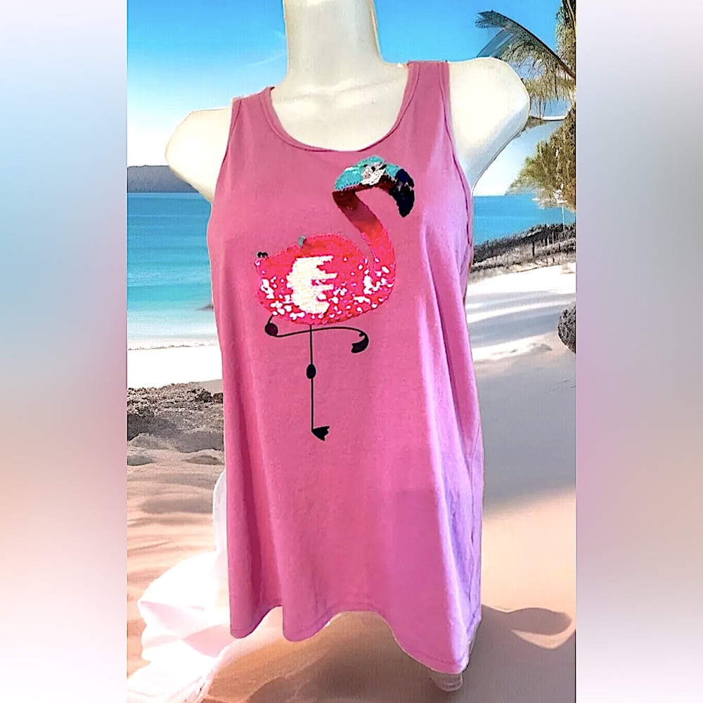 🦩CAT & JACK🦩 SEQUIN FLAMINGO RACERBACK TANK TOP EUC❣️